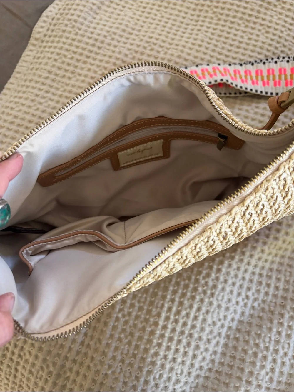 Anthropologie Woven Half-Moon Crossbody Bag with Colorful Strap